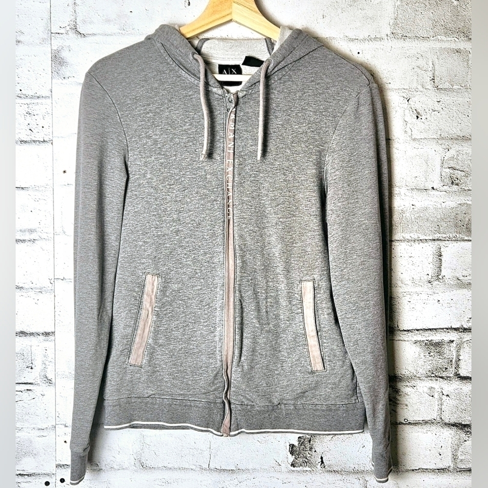 Armani Exchange A|X Grey Zip Up Hoodie Logo Trim Casual Sweatshirt Small